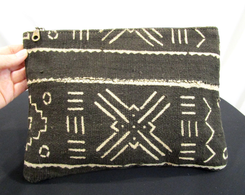 Black & Ivory Tribal Print Fabric 11" Clutch Purse Make Up Bag Pouch
